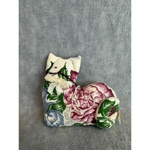Stuffed Floral Fabric Cat Figurine Cream Pink Green Cottagecore Kitten
